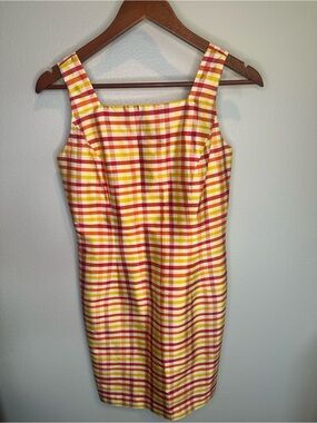 VINTAGE 90s Ann Taylor 100% Silk Red Orange Yellow Gingham Dress Size 2
